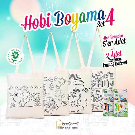 Hobi Bez Çanta Boyama Set 4 - 20 Adet Çift Yön Boyanabilir Çanta / 2 Adet Carioca Kumaş Boya Kalemi