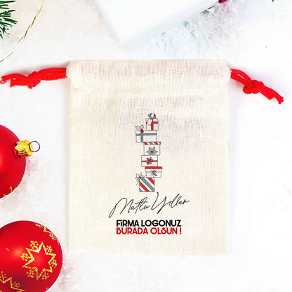 Mutlu Yıllar Hediye Paketi Baskılı Bez Kese - Renkli İp (Özelleştirilebilir)