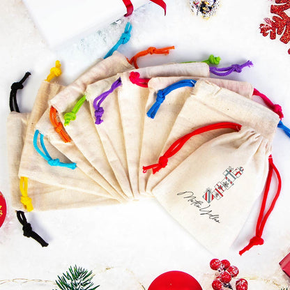 Mutlu Yıllar Hediye Paketi Baskılı Bez Kese - Renkli İp (Özelleştirilebilir)