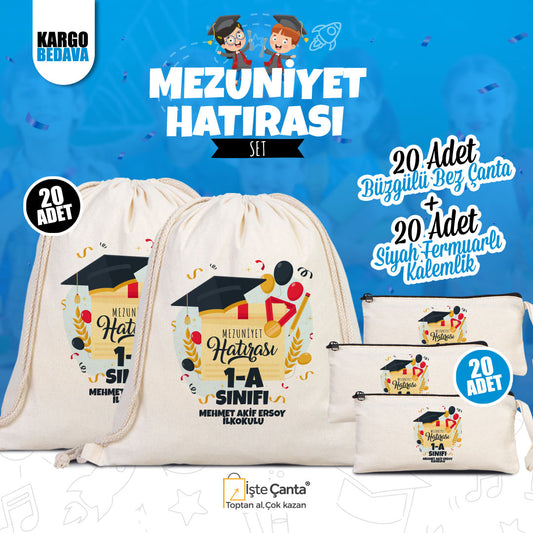 Mezuniyet Hatırası Set (Özelleştirilebilir) - 20 Adet Büzgülü Çanta / 20 Adet Kalemlik