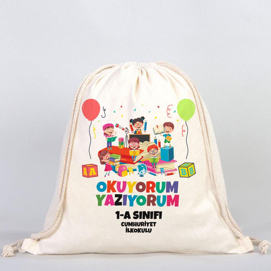 Okuyorum Yazıyorum Set (Özelleştirilebilir) - 20 Adet Büzgülü Çanta / 20 Adet Kalemlik
