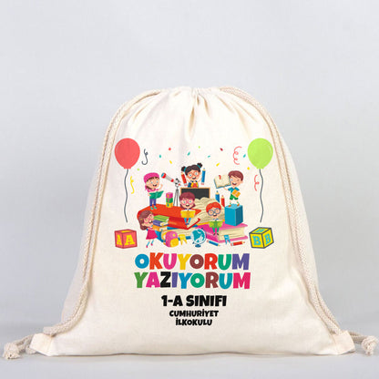 Okuyorum Yazıyorum Set (Özelleştirilebilir) - 20 Adet Büzgülü Çanta / 20 Adet Kalemlik