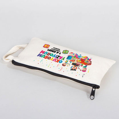 Okuyorum Yazıyorum Set (Özelleştirilebilir) - 20 Adet Büzgülü Çanta / 20 Adet Kalemlik