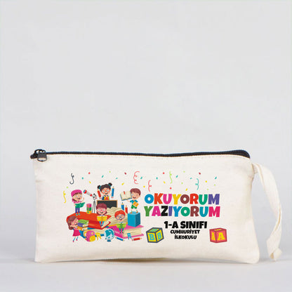 Okuyorum Yazıyorum Set (Özelleştirilebilir) - 20 Adet Büzgülü Çanta / 20 Adet Kalemlik