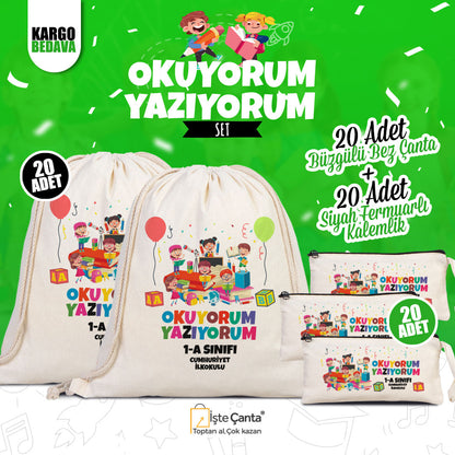 Okuyorum Yazıyorum Set (Özelleştirilebilir) - 20 Adet Büzgülü Çanta / 20 Adet Kalemlik