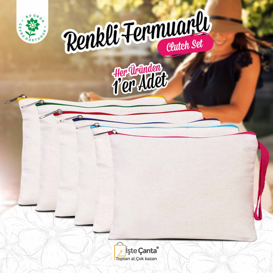 Renkli Fermuar Clutch Seti (6 Renk) - Her Üründen 1 Adet