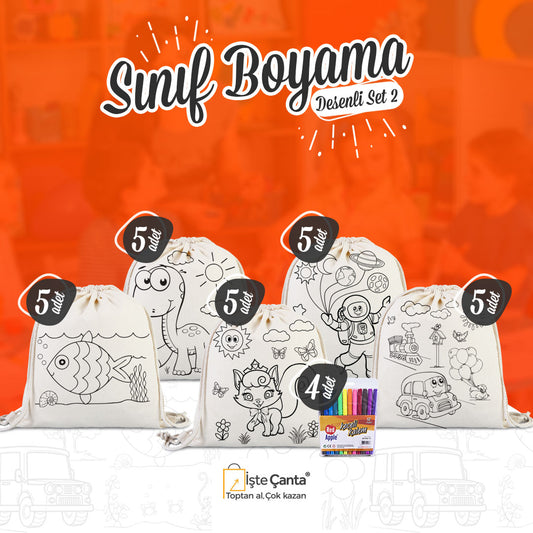 Sınıf Boyama Desenli Set 2 - 25 Adet Boyanabilir Büzgülü Çanta / 4 Adet Keçeli Kalem 12'li