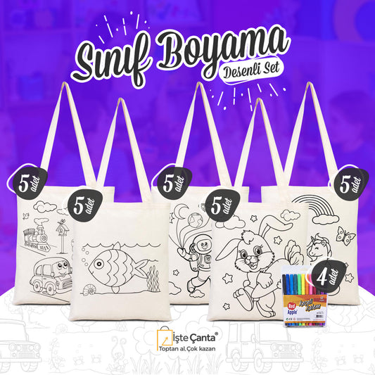 Sınıf Boyama Desenli Set 1 - 25 Adet Boyanabilir Çanta / 1 Adet 12'li Keçeli Kalem