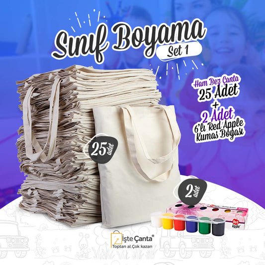 Sınıf Boyama Set 1 - 25 Adet Ham Bez Çanta / 2 Adet Red Apple 6'lı Kumaş Boyası