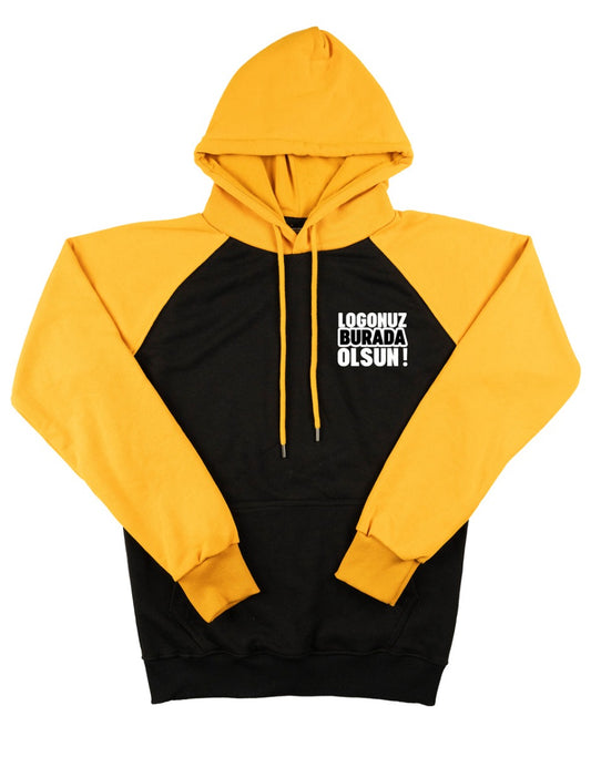 Baskılı Reglan Kol Kapüşonlu Sweatshirt Hardal - 3 İplik Şardonsuz