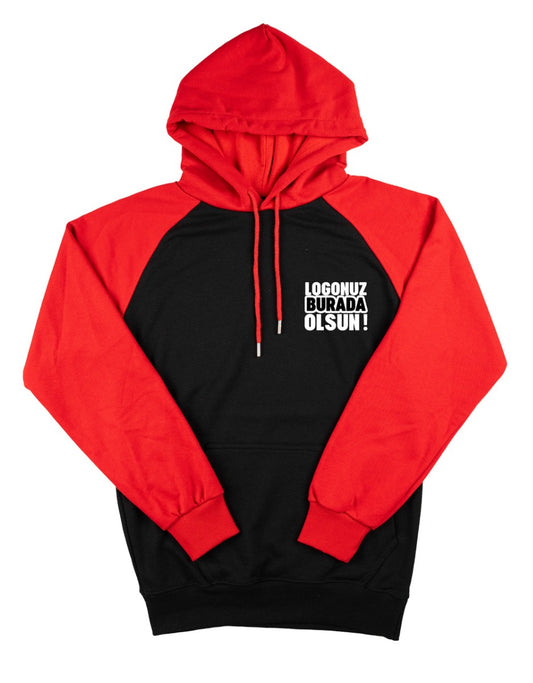 Baskılı Reglan Kol Kapüşonlu Sweatshirt Kırmızı- 3 İplik Şardonsuz